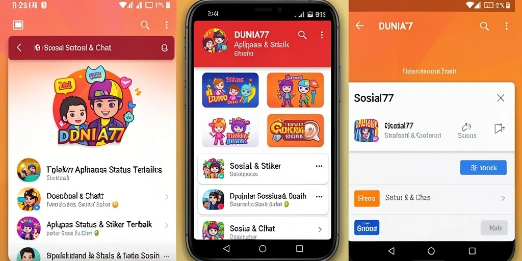 Antarmuka DUNIA77 dengan berbagai pilihan status dan stiker.